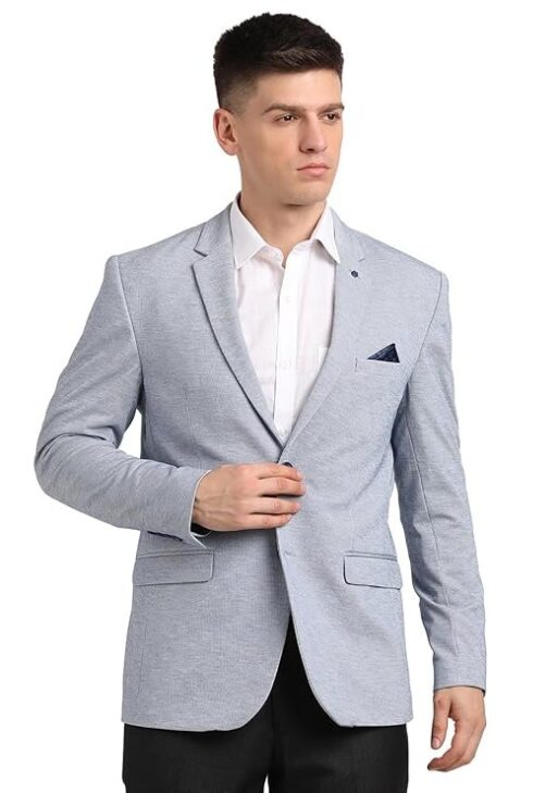 Turtle Men Knitted Notch Lapel Collar Light Blue Single Breasted Casual Blazer