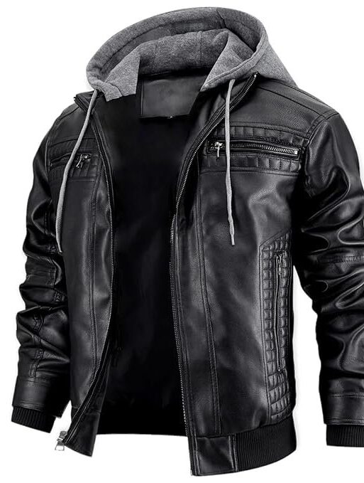 Blaq Ash Men's Black Faux Leather Jacket with Zipper, Multiple Pockets, and Removable Hood Design