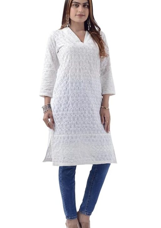 Tromboo Hand Chikan Allover Embroidery White V Neck Glaze Cotton Kurti for Women