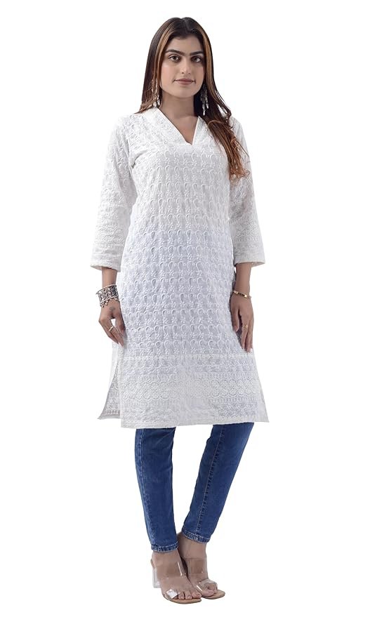 Tromboo Hand Chikan Allover Embroidery White V Neck Glaze Cotton Kurti for Women
