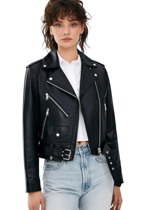 Women's Black Leather Biker Jacket with Zippers and Pockets|Premium Women’s Leather Moto Jacket for Winter – Trendy & Warm|Perfect Winter Style Soft & Durable