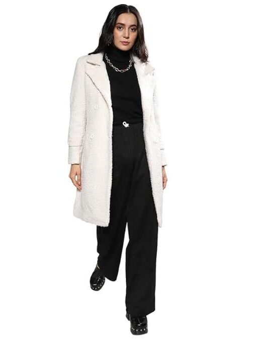 Campus Sutra Women's Polyester Double-Breasted Standard Length Long Coat For Casual Wear | Lapel Collar | Long Sleeve | Button Closure | Soft Coat Crafted With Comfort Fit For Everyday Wear