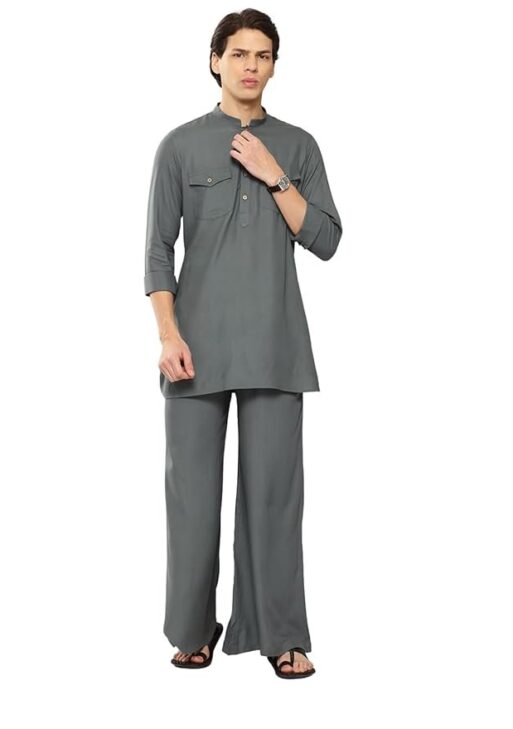 See Designs Men's Long Sleeve Curved Hem Mandarin Collar Rayon Solid Pathani Sets