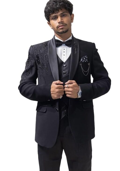 A LOYAL Men Black Solid Slim Fit Tuxedo Suit with Satin Lapel