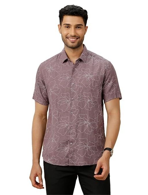 Linen Club Men's Pure Linen Purple Printed Contemporary Fit Half Sleeve Casual Shirt