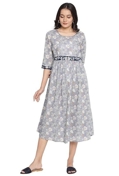 Aurelia Women Fit and Flare Knee-Length Cotton Gathe Dress