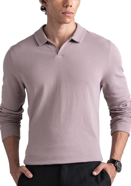DAMENSCH Statement Waffle Johnny Collar Full Sleeve Polo with Premium Cotton Blend, Waffle Texture, Colours by High-IQ Dyes Heavy Weight Fabric T-Shirt for Men