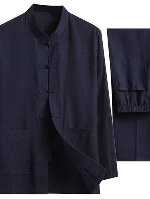 Men Cotton Linen Tai Chi Set Chinese Traditional Tang Suit Martial Arts Clothing Shirts Trousers Tai Chi Kung Fu Uniform Two Pieces Dark blue-Medium