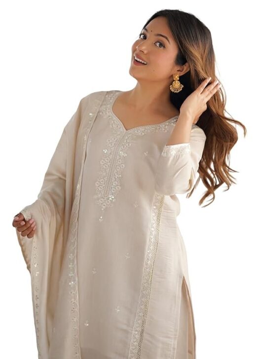 SKYLEE Women's Silk Embroidery and Lace Straight Kurta with Pant & Dupatta