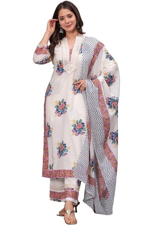 Amayra Women's Pure Cotton Printed Straight Kurta Set with Palazzo Pants & Dupatta- Ethnic Wear, White