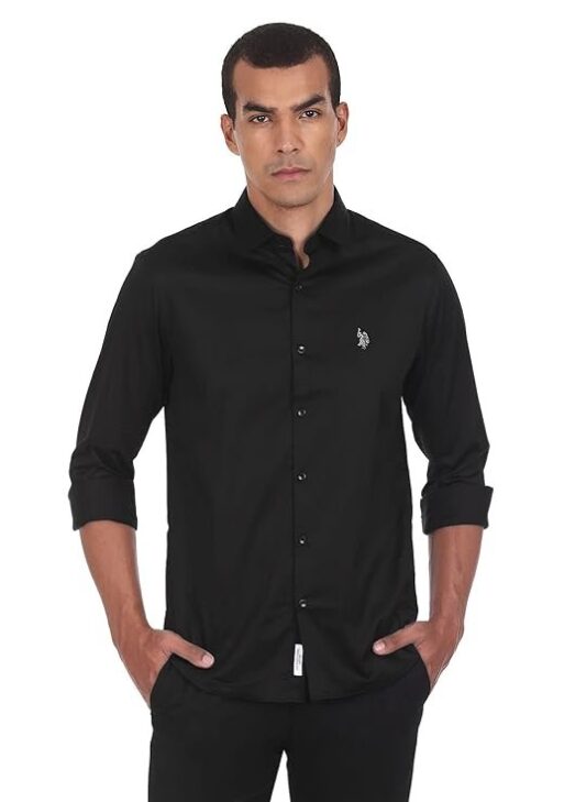 U.S. POLO ASSN. Men's Cotton Stretch Fit Solid Satin Stretch Spread Collar Barrel Cuff Casual Shirt