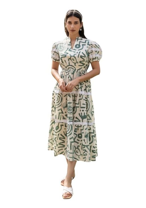 FIORRA Women's Off-White Printed Cotton Midi Dress