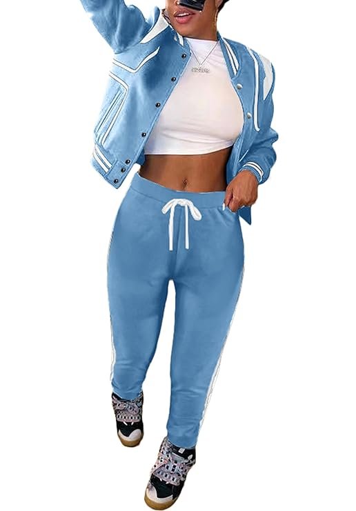 Fooullaide Women’s Varsity Jacket Sweatsuit 2 Piece Tracksuit Crop Top Button Down Letterman Jackets Pants Sets