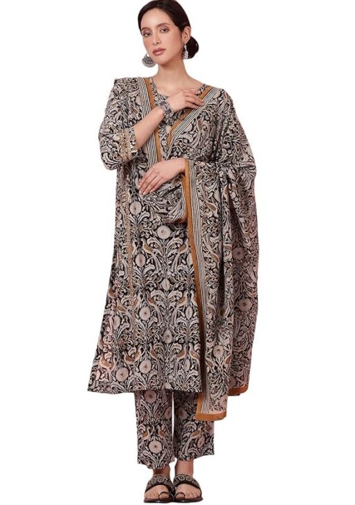 Folksong Women's Dark Espresso Kalamkari Printed Kurta, Pants and Dupatta Set