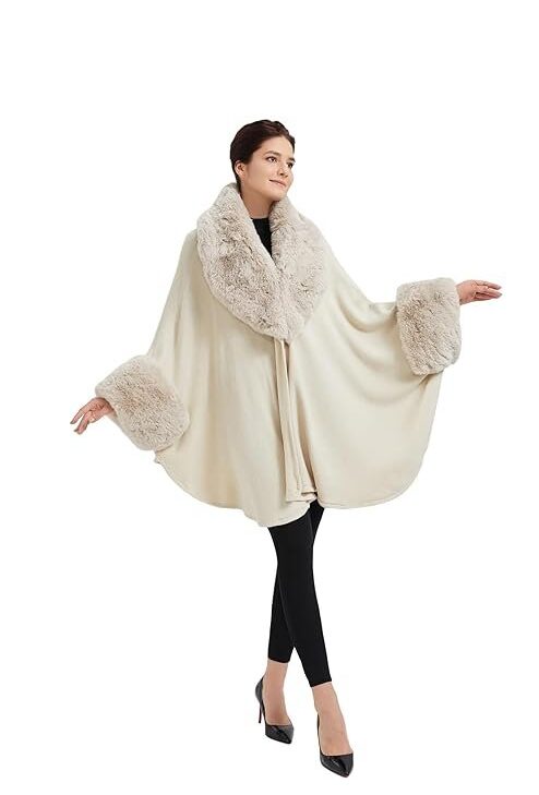 SUFCOMOU Women Cape Poncho with Fur Trim Winter Faux Fur Shawl Wrap Coat Sleeveless Cardigan Cloak
