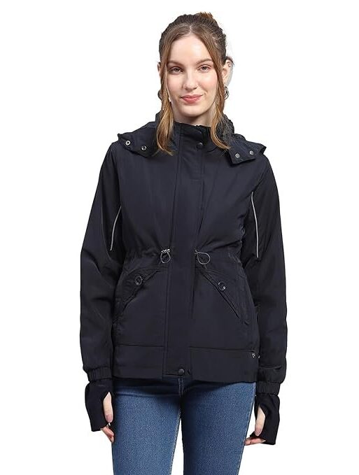 Monte Carlo Womens Solid Black Detachable Hood Full Sleeve Jacket
