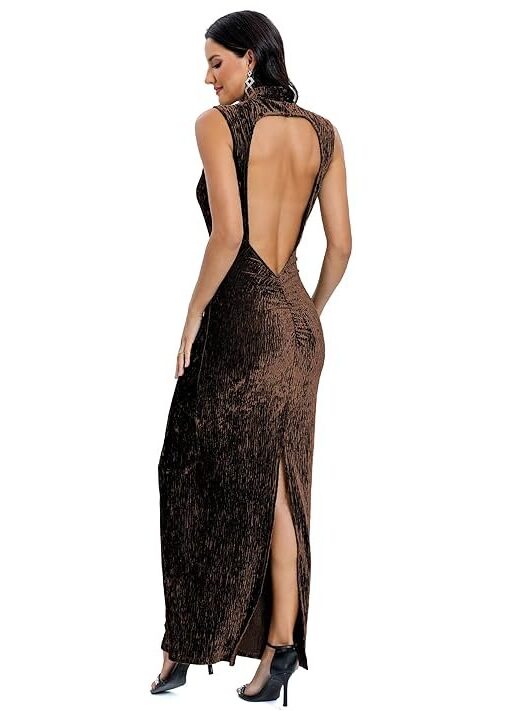 Aigeman Women Open Back Velvet Maxi Dress Halter Evening Gown Back Split Backless Bodycon Velvet Cocktail Dress 79