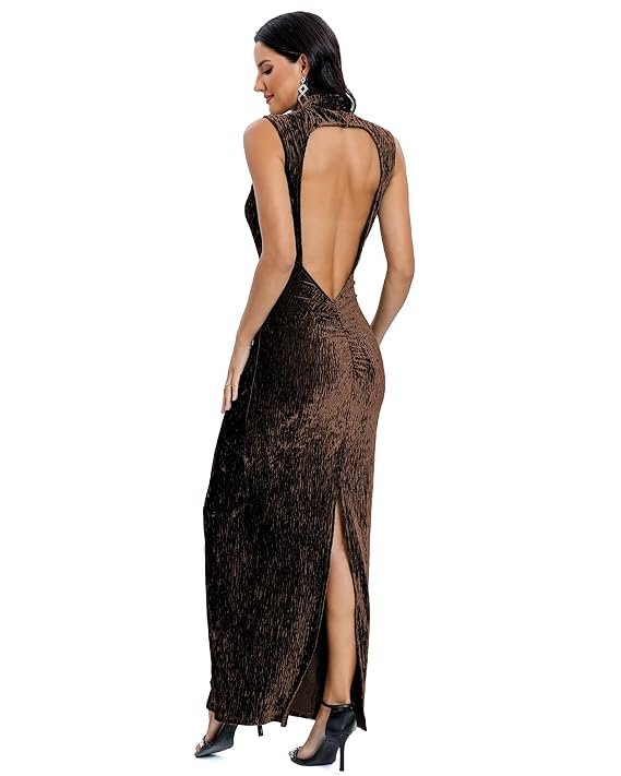 Aigeman Women Open Back Velvet Maxi Dress Halter Evening Gown Back Split Backless Bodycon Velvet Cocktail Dress 79