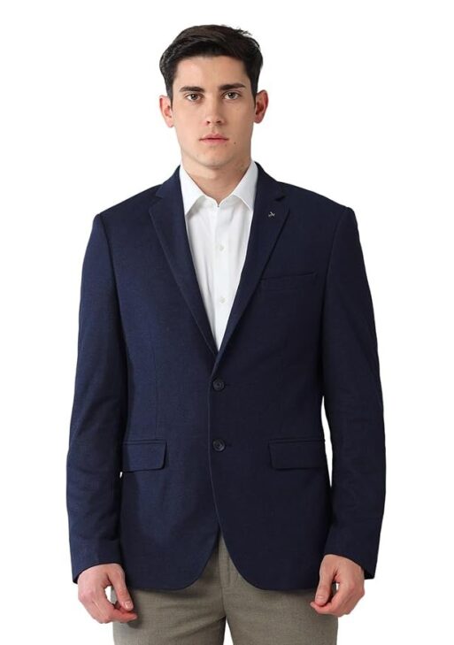 Arrow Men's Blue self-Design Notch Collared Long Sleeve Formal Polyester Slim Fit Blazer
