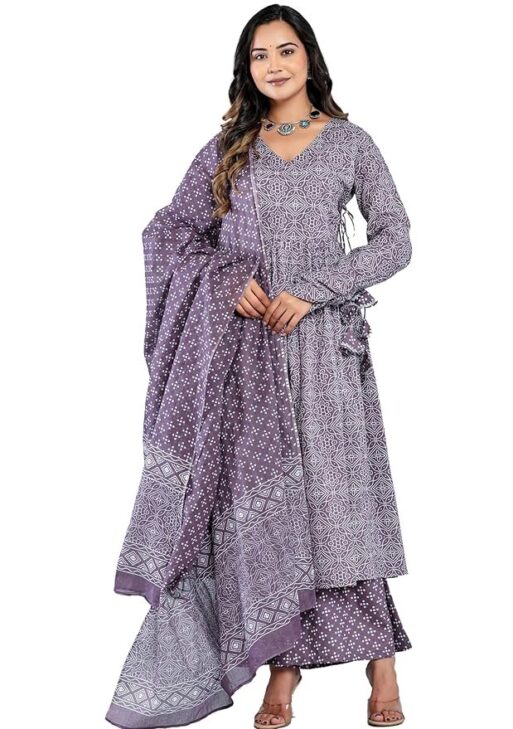 Amayra Women's Pure Cotton Printed Anarkali Kurta Set with Palazzo Pants & Dupatta- Ethnic Wear