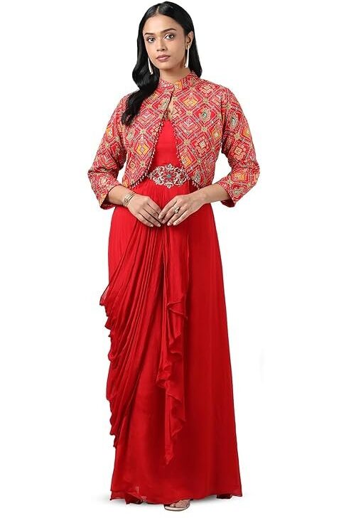 Soch Women Red Chinon Bandhani Print Gown with Sequins