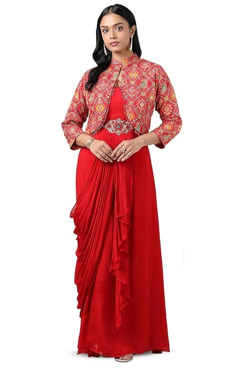Soch Women Red Chinon Bandhani Print Gown with Sequins