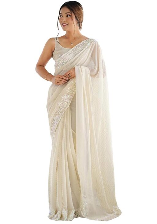AKHILAM Women's Georgette Embellished Saree With Unstitched Blouse
