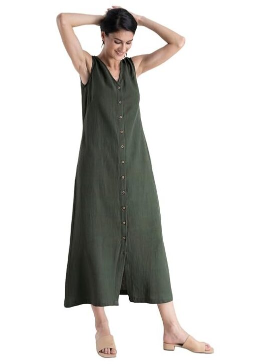 FableStreet Cotton Button Down A-Line Dress - Olive