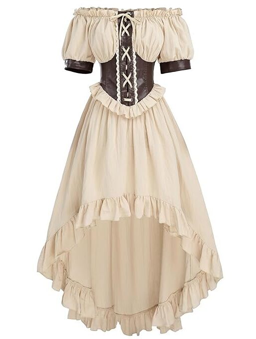 FCCAM Renaissance Dress Women Pirate Costume Ruffle Peasant High Low Dress