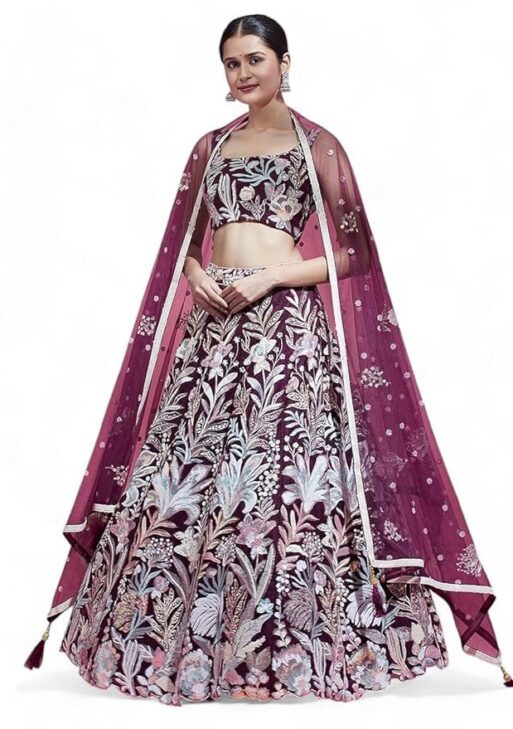Zeel Clothing Women's Net Sequins Embroidered Soft Net Semi Stitched Lehenga Choli With Dupatta (6032-Wine-Wedding-Stylish-Lehenga-Choli-Latest; Free Size), Multicolor