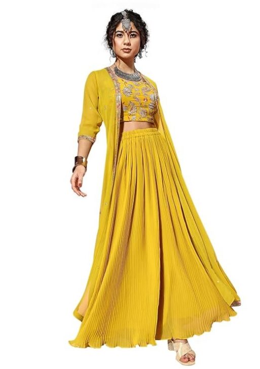 TRENDMALLS Women's Georgette Embroidery Crop Top with Flared Palazzo and Shrug Set