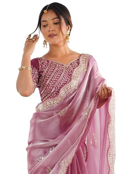SIRIL Women's Organza Sequence Embroidery Scollped Border Saree With Unstitched Blouse Piece