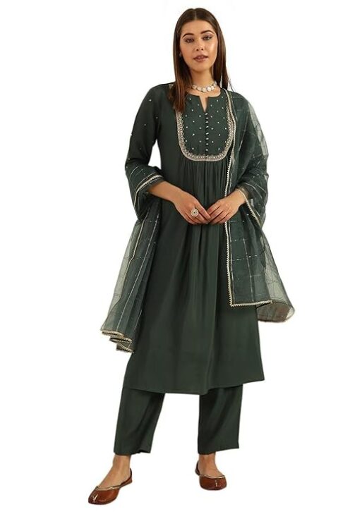 FIORRA Women's Green Viscose Chanderi A-line Kurta with Pant and Dupatta
