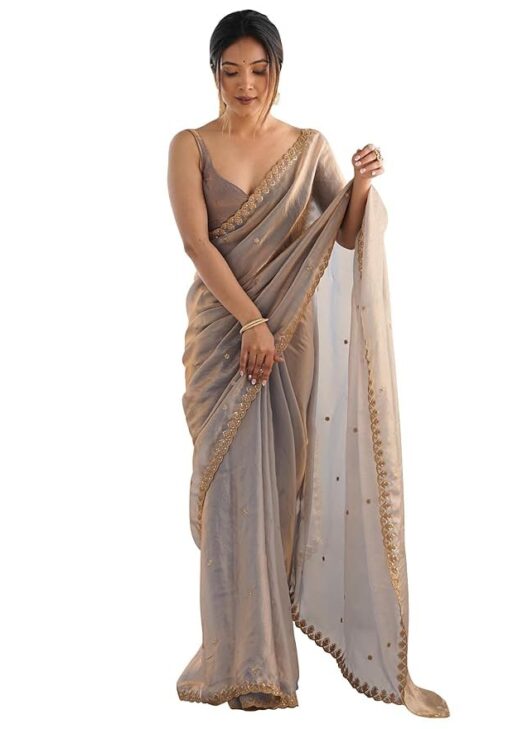 AKHILAM Women's Paper Silk Embroidered Saree With Unstitched Blouse Piece