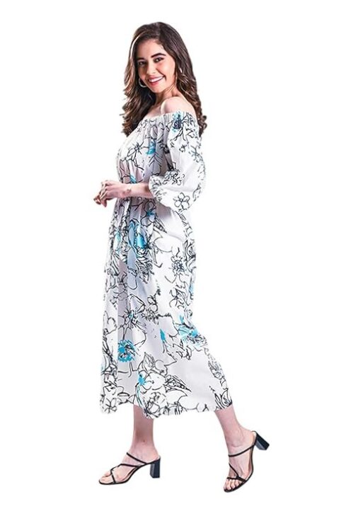 Mala Singh The Sundower Bardot Women's Floral Off-Shoulder Midi Dress, 3/4 Sleeve, White with Black Print, Casual Summer Wear