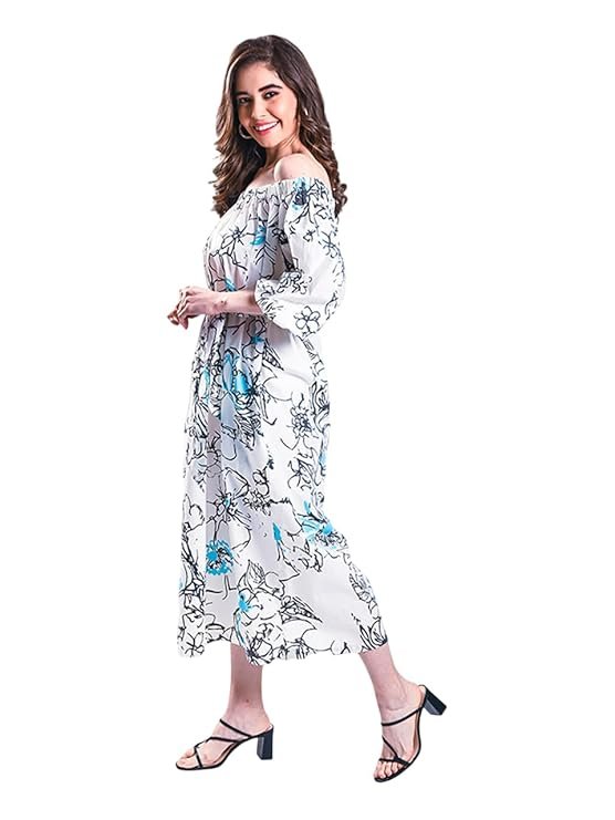 Mala Singh The Sundower Bardot Women's Floral Off-Shoulder Midi Dress, 3/4 Sleeve, White with Black Print, Casual Summer Wear