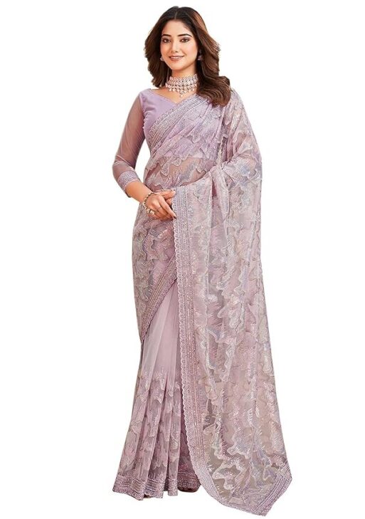 TRENDMALLS Women's Net Sequin Embroidery Zarkan Work Saree with Unstitch Blouse Piece