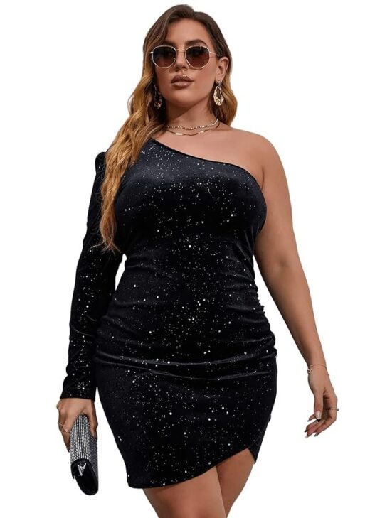 SOLY HUX Women's Plus Size One Shoulder Long Sleeve Ruched Wrap Velvet Bodycon Dress
