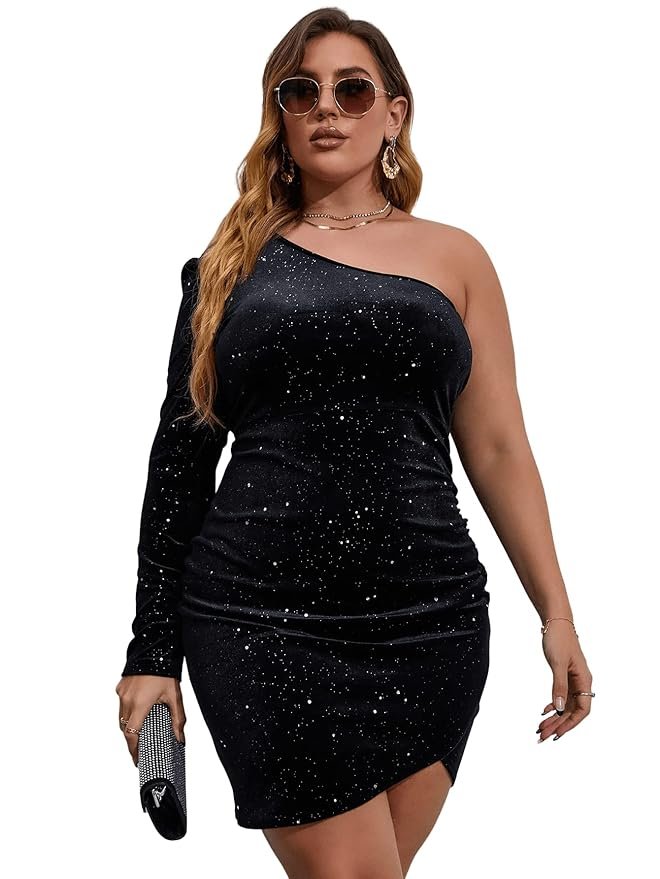 SOLY HUX Women's Plus Size One Shoulder Long Sleeve Ruched Wrap Velvet Bodycon Dress