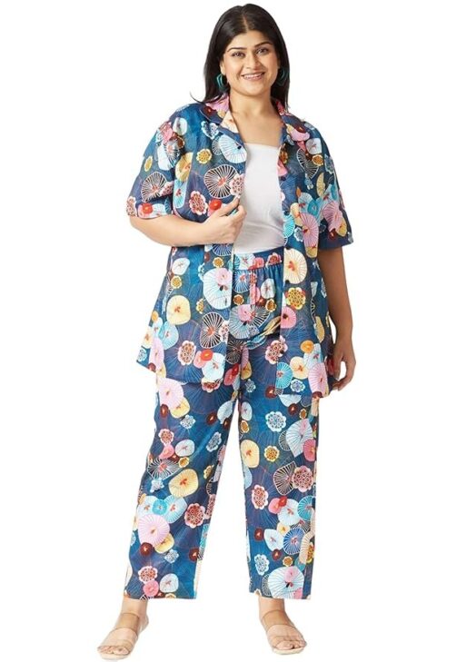 GUNIAA DreamLuxe Multi-Color Digital Printed Cotton Co-ord Nightwear Set for Women | Regular & Plus Size | Half Sleeves | Convertible Collar | Tailored Fit