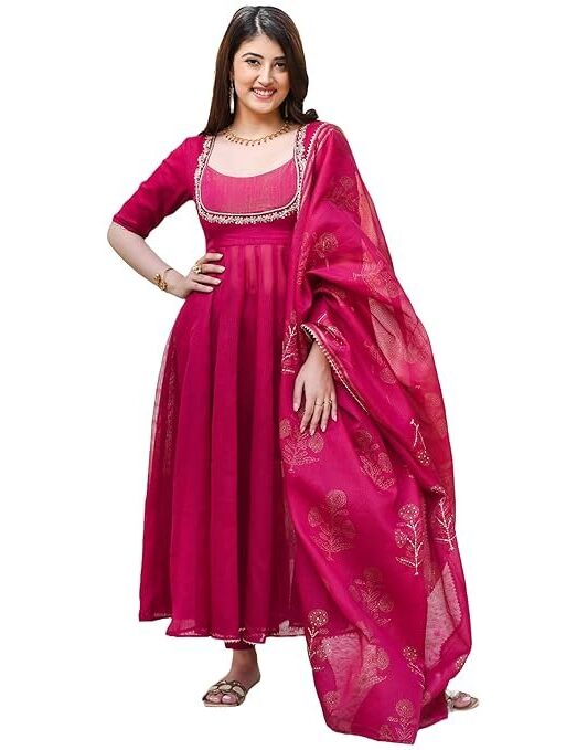 GoSriKi Women's Rayon Viscose Embroidered Anarkali Kurta with Pant & Dupatta