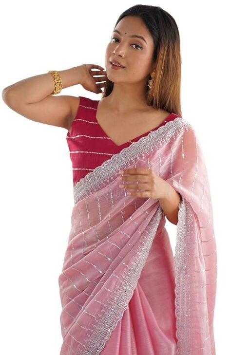 SIRIL Women's Shimmer Chiffon Sequence Embroidery Saree With Unstitched Blouse Piece for Wedding and Parties