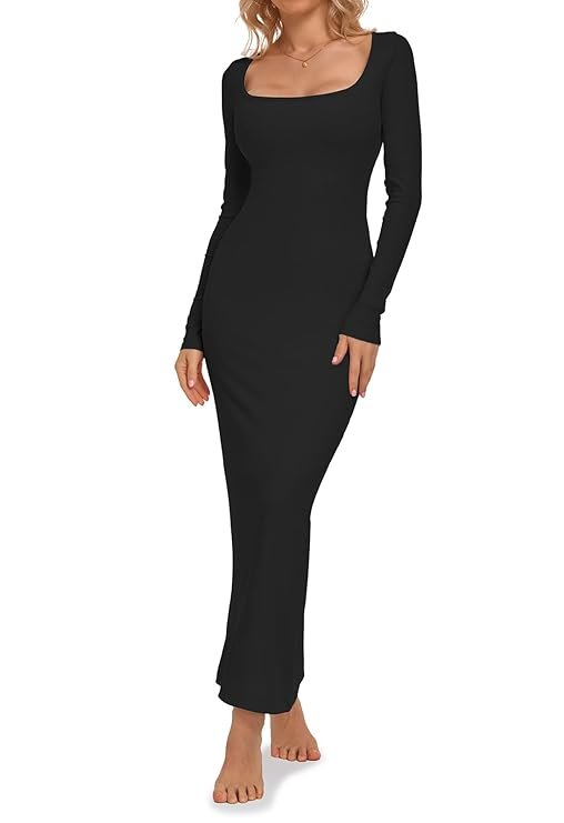 Relety Women's Bodycon Maxi Dresses Ribbed Long Sleeve Lounge Long Dress Square Neck Formal Casual Dresses for Women