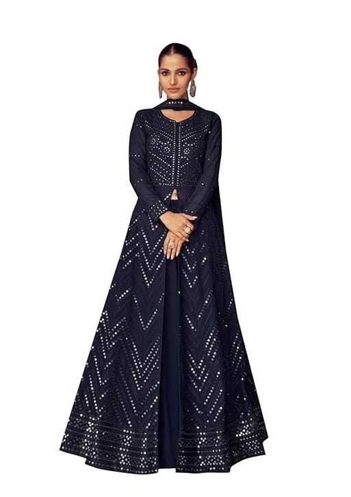 TRENDMALLS Women's Georgette Embroidery Anarklai Suit Set Kurta Lehenga with Dupatta Blue Kurta Set for Women