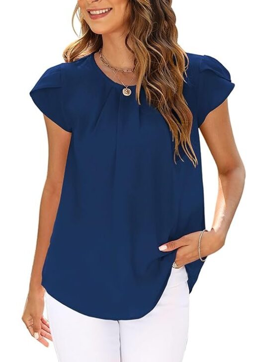 LuckyMore Work Blouses for Women Fashion 2023 Dressy Short Sleeve Formal Tops Shirts Office Wear
