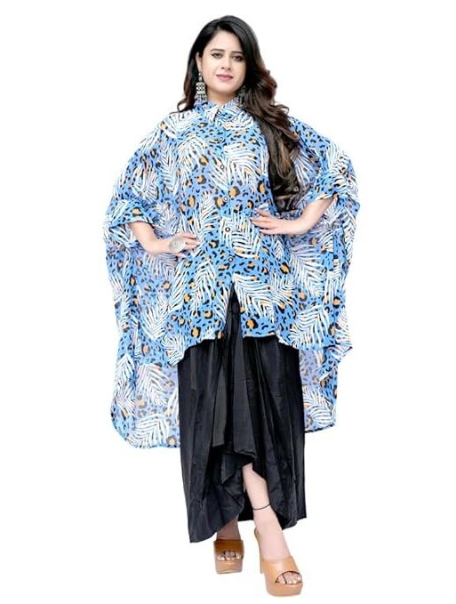 Women's Tropical Floral Print High-Low Kaftan Tunic with Black Dhoti Skirt