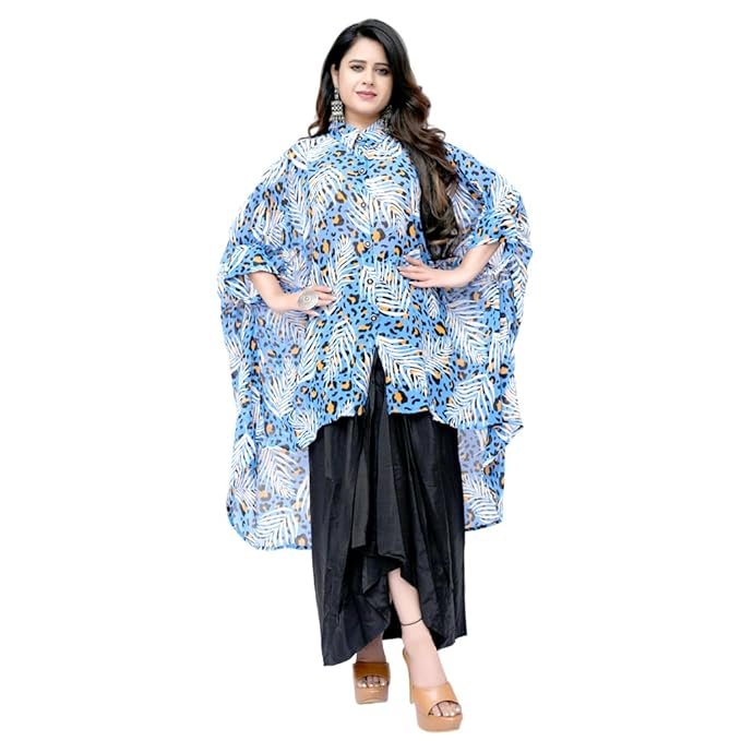 Women's Tropical Floral Print High-Low Kaftan Tunic with Black Dhoti Skirt
