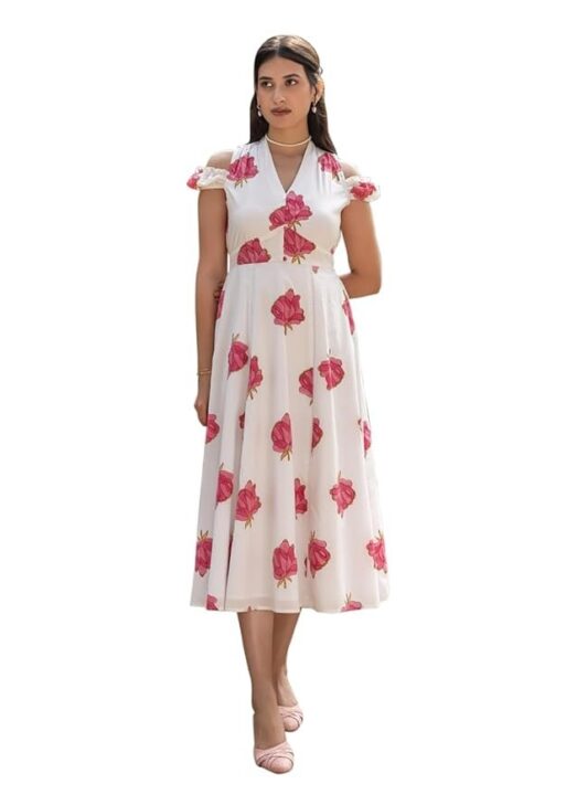 FIORRA Women's White Floral Print Cotton Midi Dress