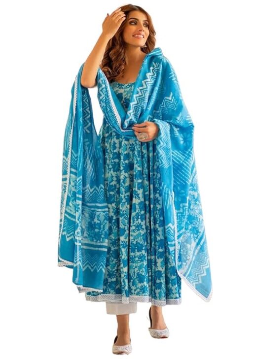 GoSriKi Women's Rayon Blend Printed Anarkali Kurta with Pant & Dupatta