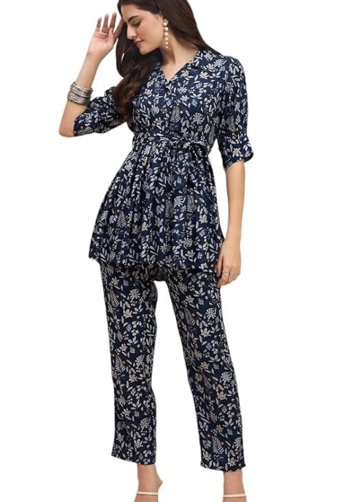RICHIK Women's Collared Cord Set|Kurta Set for Women|Printed Kurta with Pant for Women